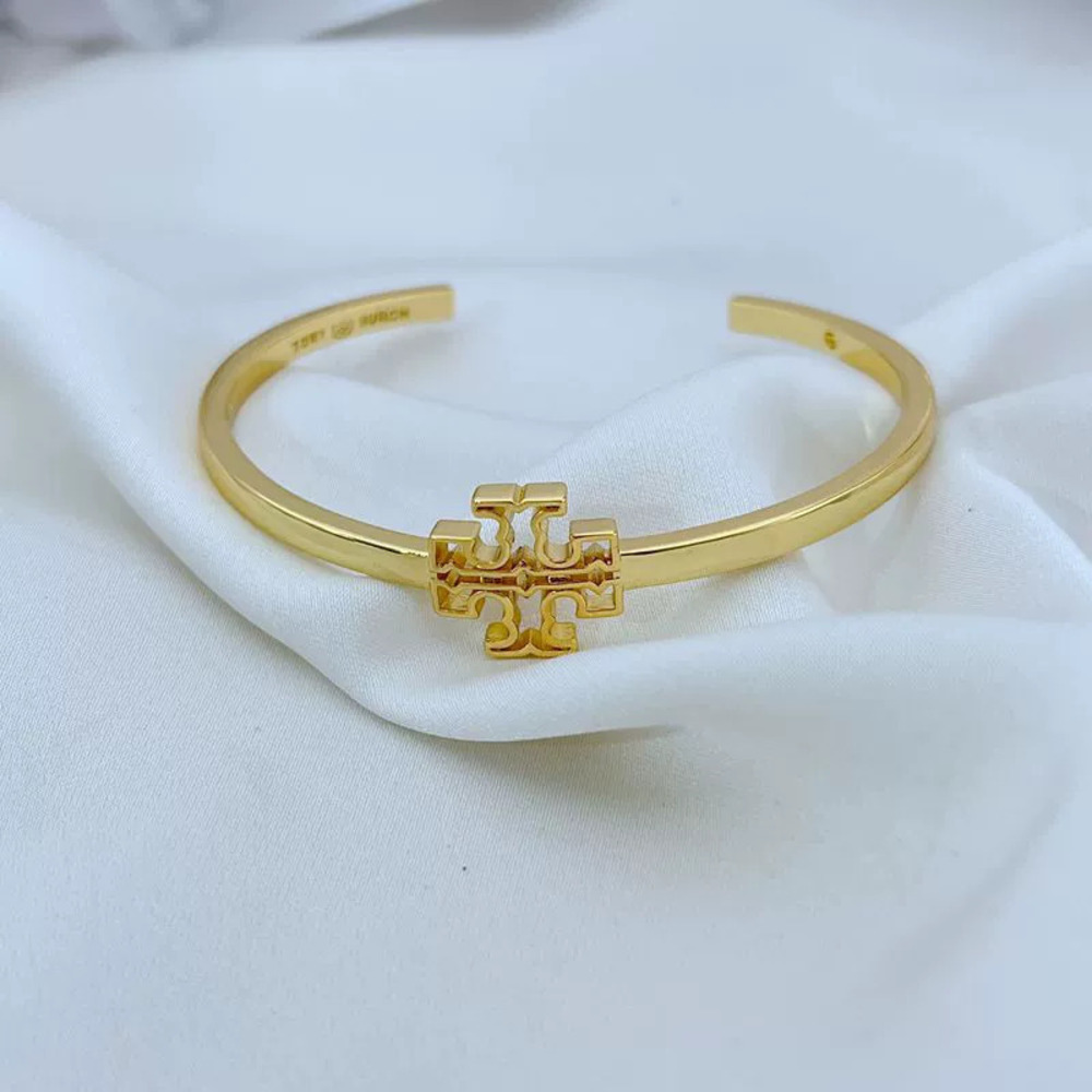 Tory Burch Hollow Square Logo 3D Polished Open Adjustable Metal Bangle